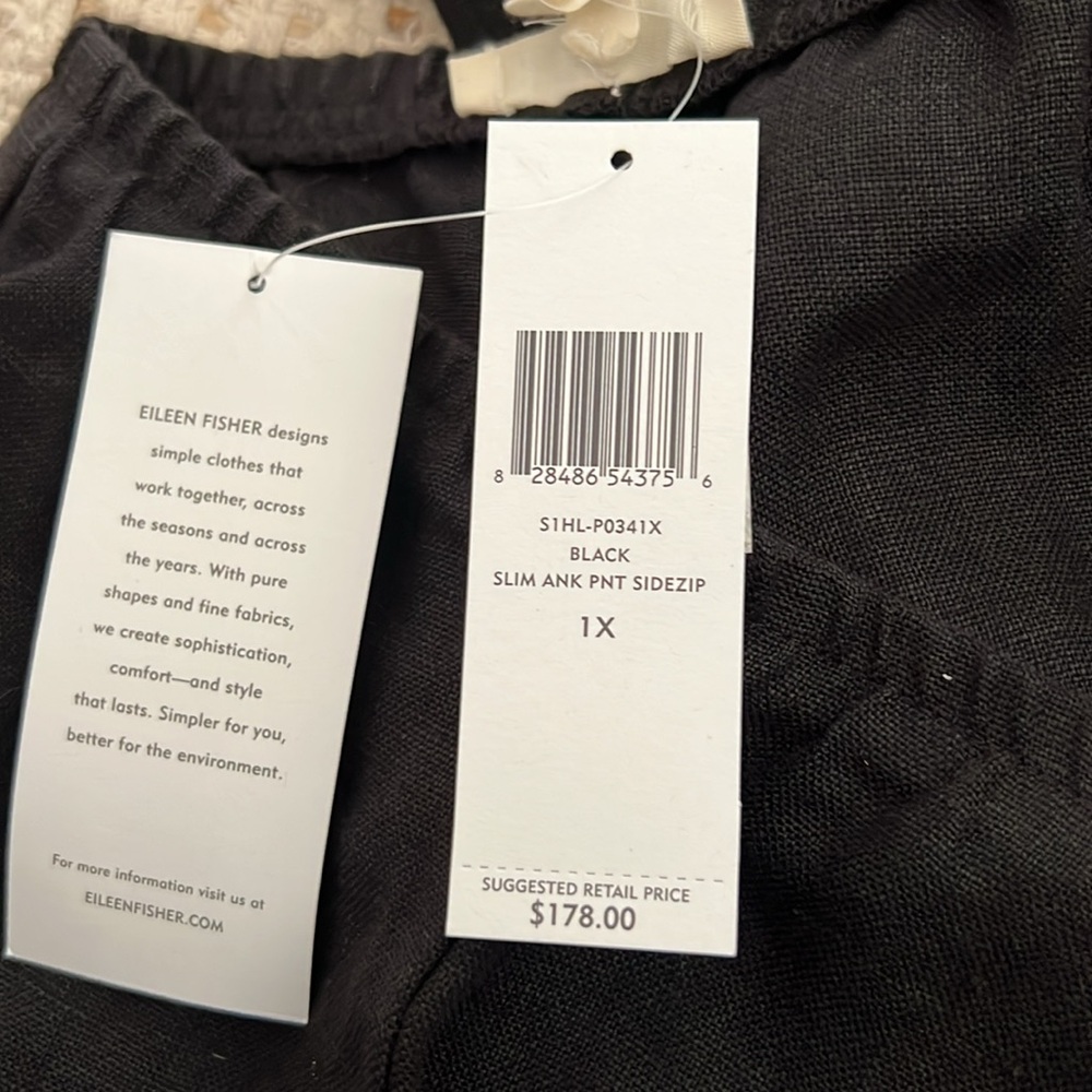 Eileen Fisher Linen Slim Ankle Pant Side Zip Black 1X NEW - Picture 2 of 3